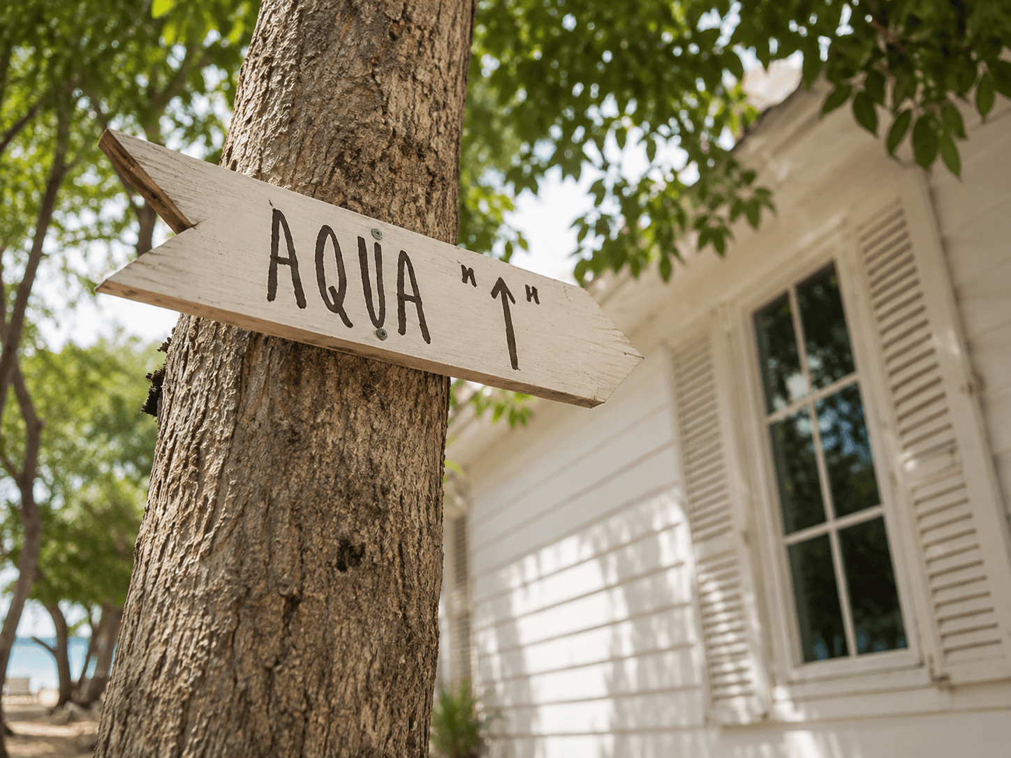 Signpost by the beach cottage, Tiennara Resort