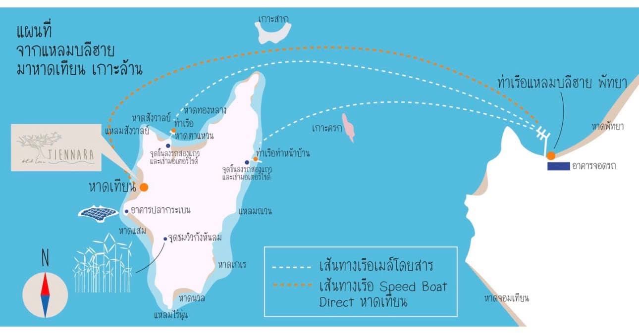 Map showing the route from Pattaya to Tiennara on Koh Larn